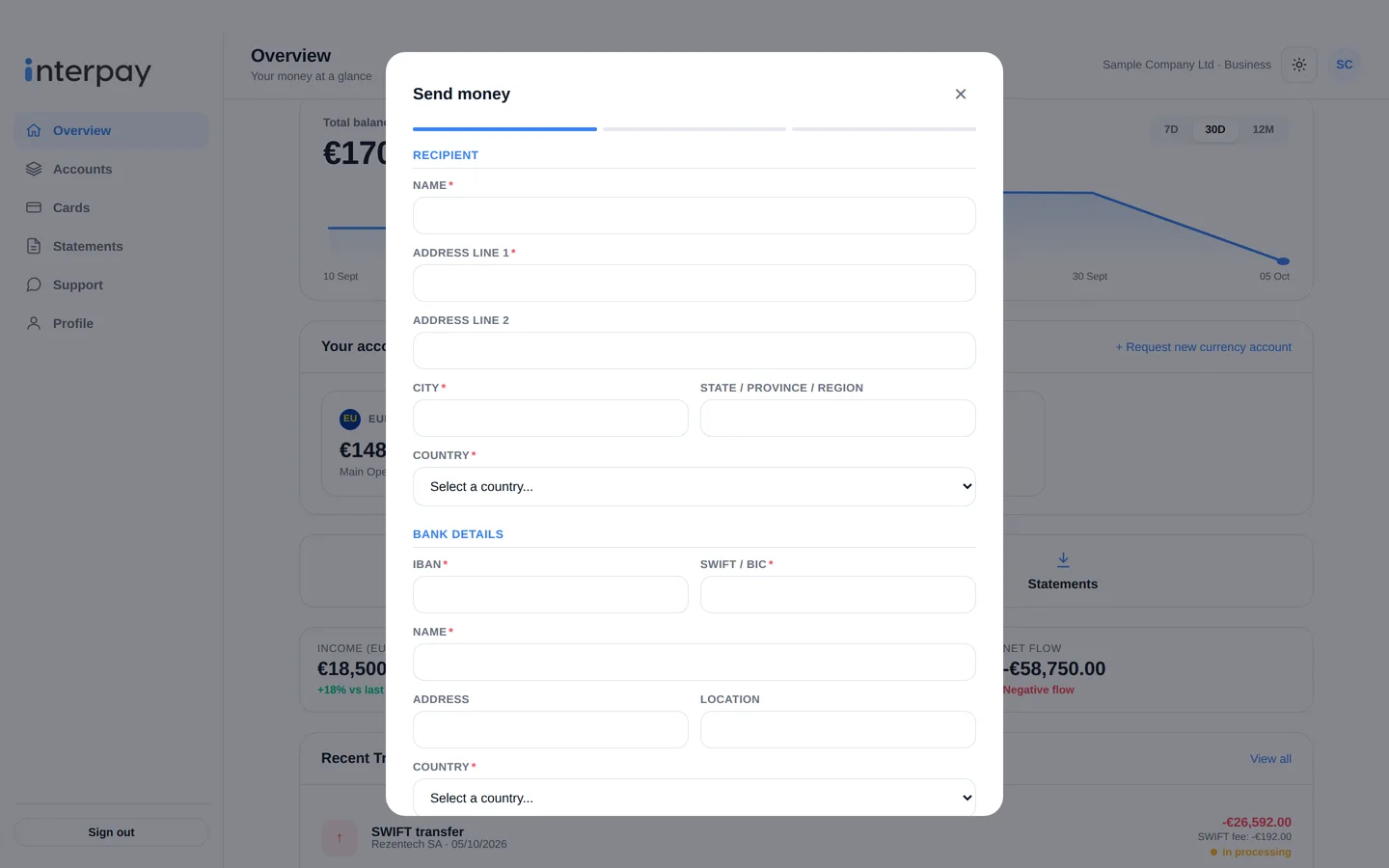 Send money form in the Interpay web portal